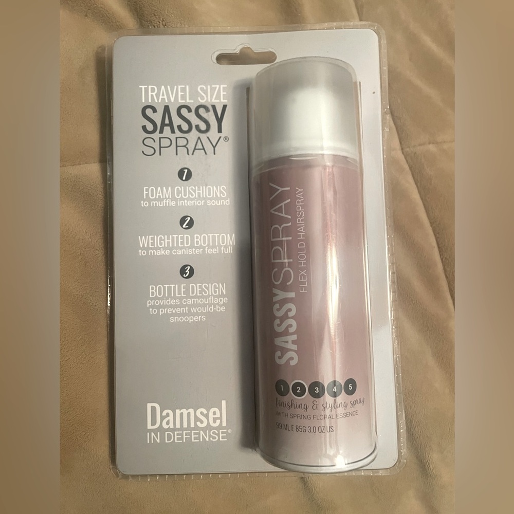 Damsel in Defense hideaway travel hairspray.